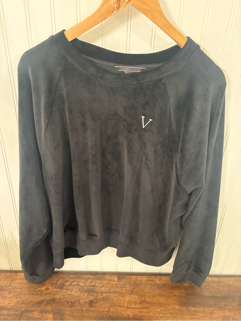 Victoria's Secret Black Velour Crewneck Sweatshirt with Embroidered V